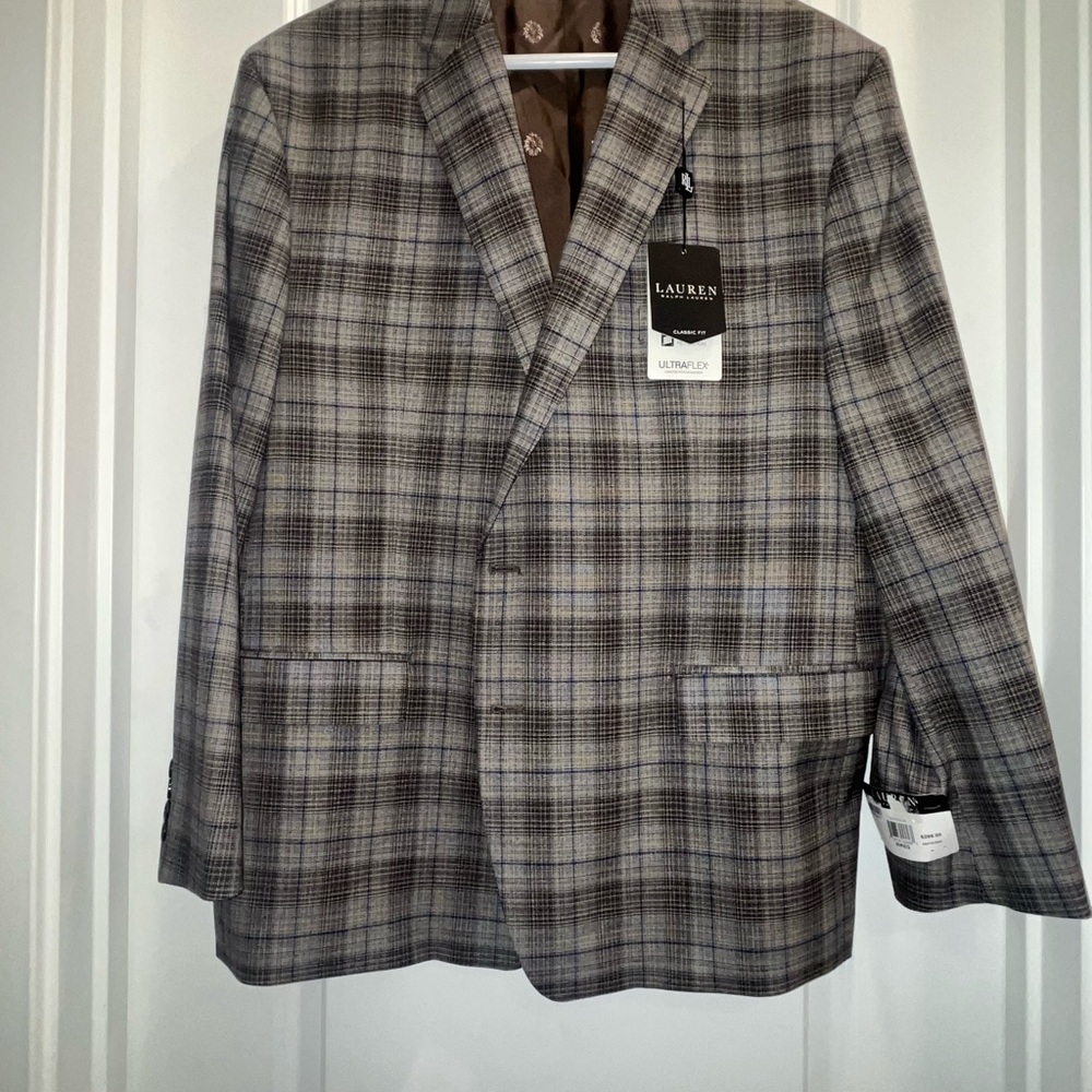NWT Lauren Ralph Lauren UltraFlex taupe blue plaid sport coat blazer - Picture 1 of 4